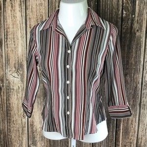 Bay Studio Collared Button Up Shirt ~ Sz S ~ Red, White, Brown ~ 3/4 Sleeve